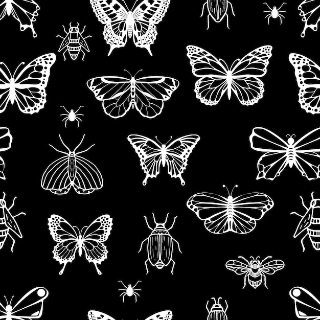 White butterflies and bugs seamless pattern