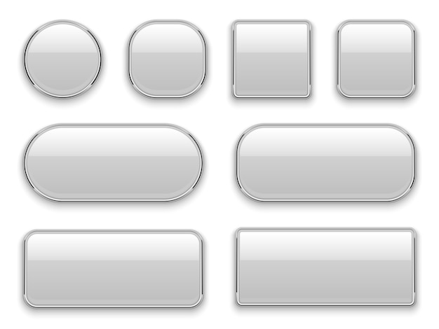 Vector white buttons chrome frame. realistic web elements oval rectangle square circle chrome white button interface