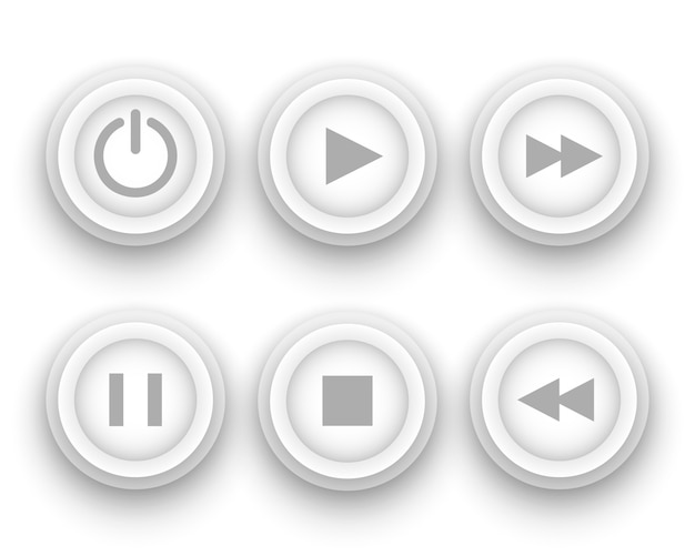 Vector white buttons for player: stop, play, pause, rewind, fast forward, power.  illustration.