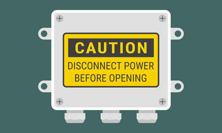Vector white cable junction box with caution sign disconnect power before opening