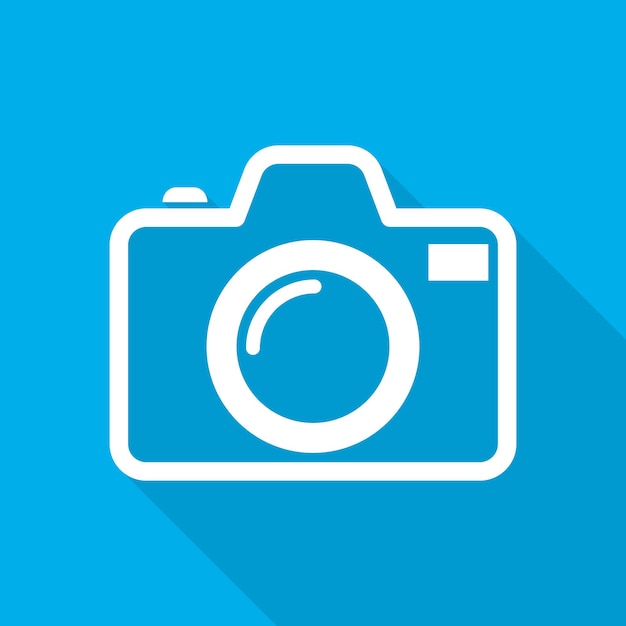 White camera icon in flat design. Vector illustration. Camera icon with long shadow on blue background.