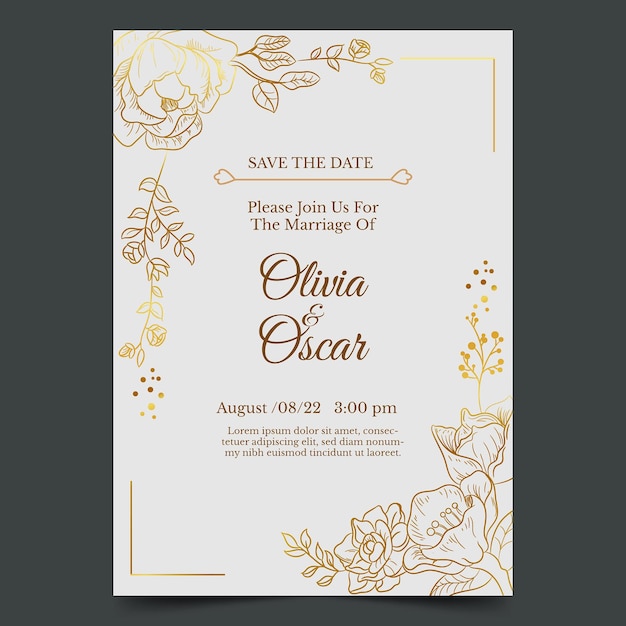 a white card with gold lettering that says the date to the wedding