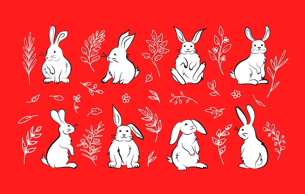 White cartoon bunnies and white outline twigs