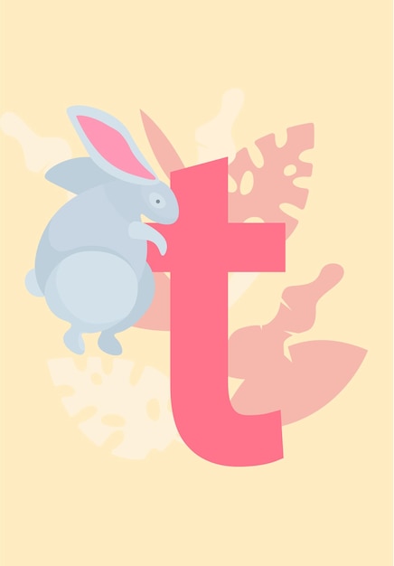White cartoon rabbit sitting on the letter of the english alphabet vector in pastel colours