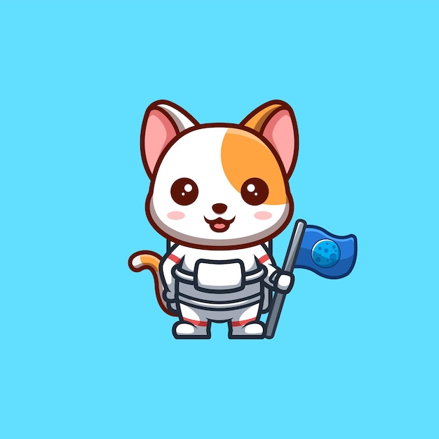 White Cat Astronaut Cute Creative Kawaii Cartoon Mascot Logo