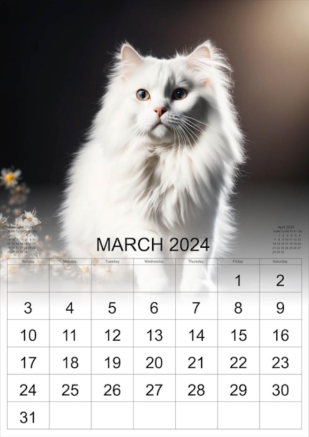 Вектор Календарь белой кошки 2024
