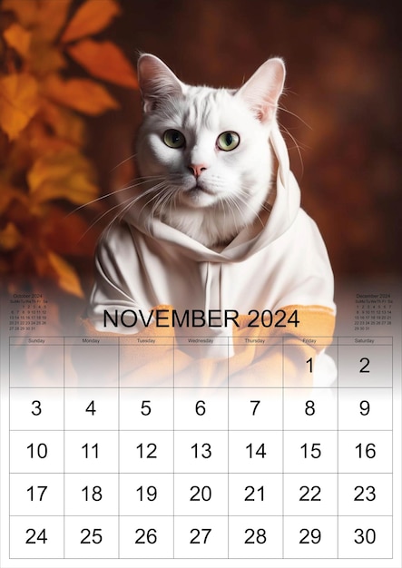 Vector white cat calendar 2024