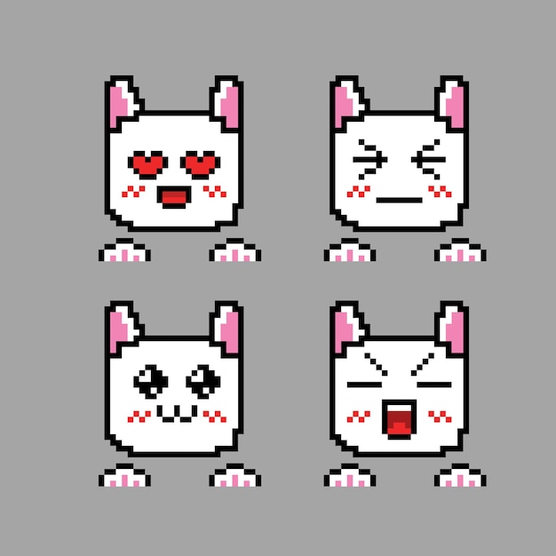 Vector white cat emoticon with pixel art style