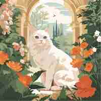 Vector white cat in a mansion garden
