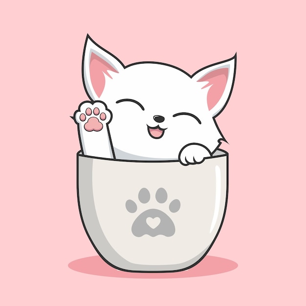 Белая кошка в кружке Иллюстрация машет лапами