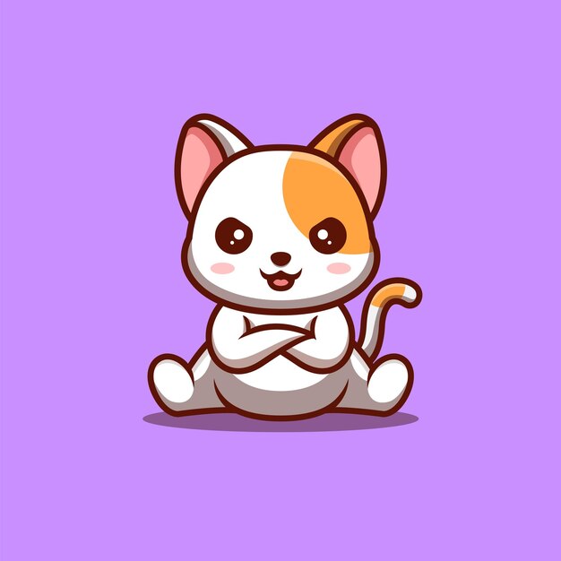 White Cat Sitting Angry Cute Creative Kawaii Cartoon Mascot Logo