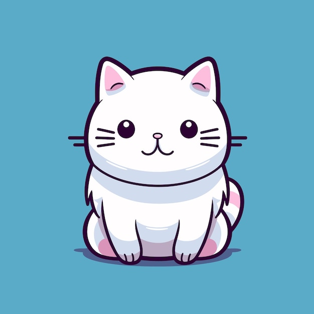 A white cat sitting on a blue background.