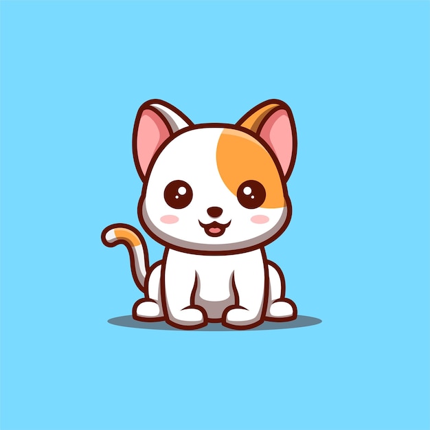 Белый кот сидит счастливый милый творческий каваи мультфильм талисман логотип