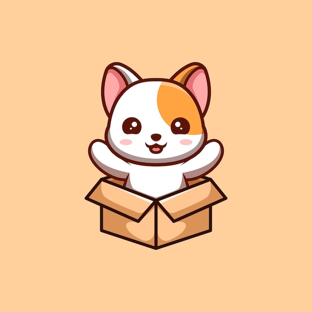 Gatto bianco seduto fuori dalla scatola logo della mascotte del fumetto kawaii creativo carino