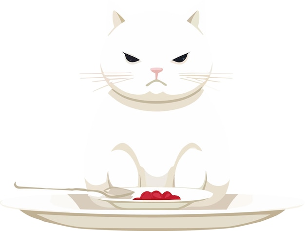 A white cat with an angry face sits on a plate with a fork on it.