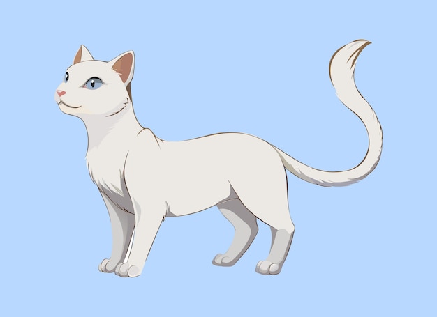 a white cat with blue eyes standing on a blue background