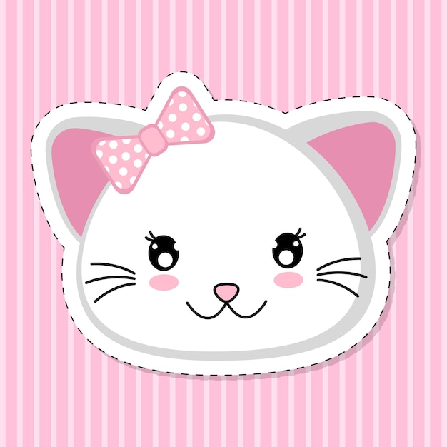 White cat with pink bow sticker. Kitten in the style of kawaii. Vector illustration.