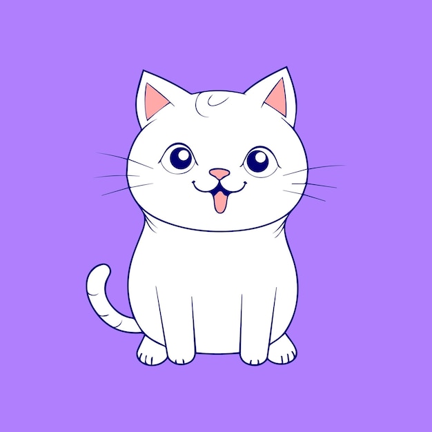 A white cat with pink eyes sits on a purple background