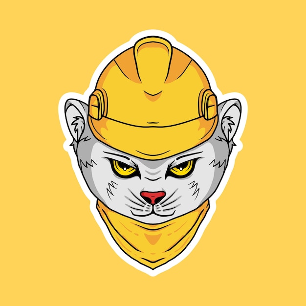 White Cat Worker Wearing Safety Helmet and Bandana Vector Illustration