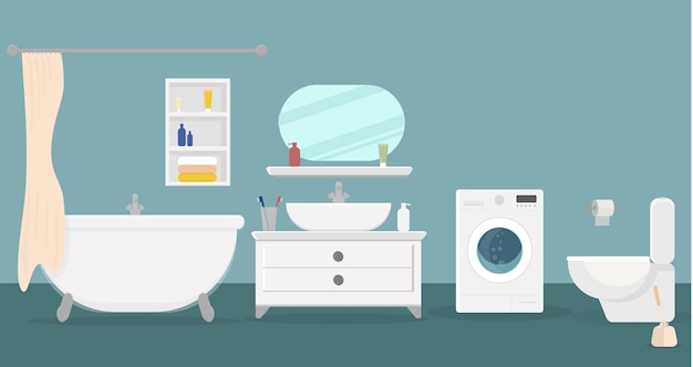 A white ceramic toilet bowl with bathroom sink and mirror in the toilet and washing machine
