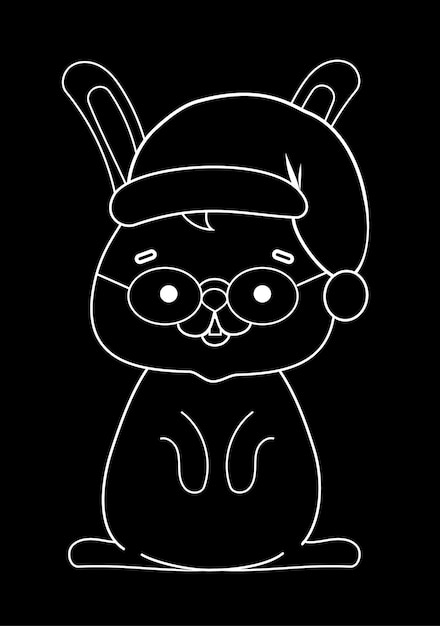 White chalk on a black background, cute drawing with a rabbit with a christmas cap. vector illustration