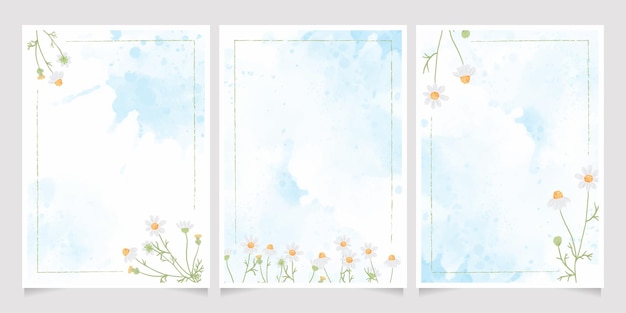 White chamomile  on blue watercolor splash collection