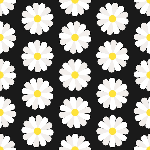 White chamomiles on black background. vector seamless pattern.