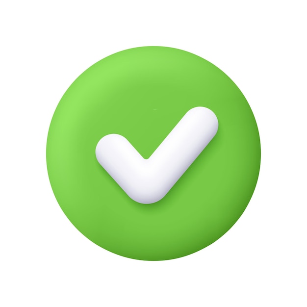 white check mark on green circle button done mark yes or correct sign 3d vector icon