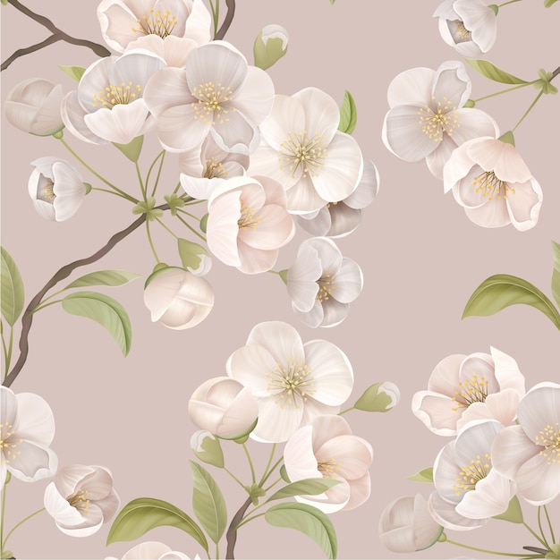 White cherry flower seamless pattern with blossoms and leaves on beige background. wallpaper or wrapping paper decoration, textile ornament, blooming sakura decor for fabric art. vector illustration