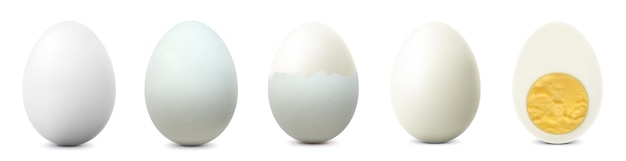 ベクトル 白い背景に分離された白い鶏の卵テクスチャ全体ひび割れ壊れた半分皮をむいたゆで卵黄身とゆで卵全体半分卵正面図リアルな 3 d ベクトルに分離