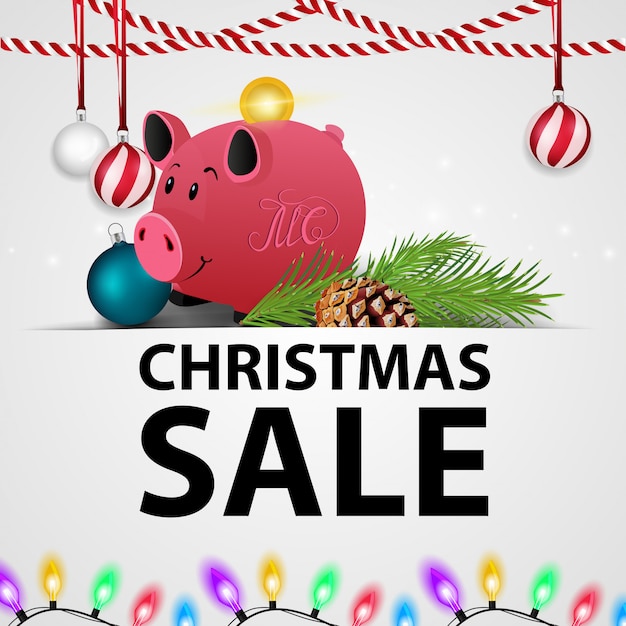 White christmas discount banner with gifts and piggy bank