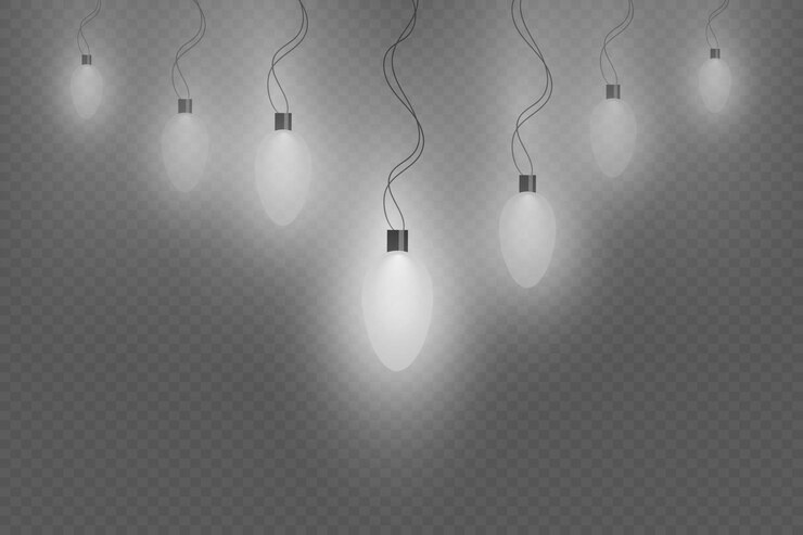 Vector white christmas lights glowing garland on a transparent background