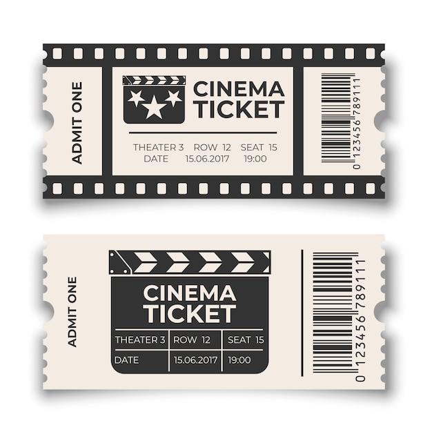 Vettore biglietto del cinema bianco con set di modelli di codici a barre isolati su sfondo bianco
