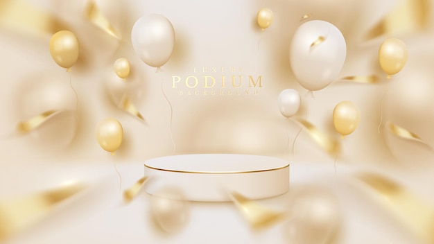 White circle podium background with balloons and ribbon elements, 3d realistic luxury style