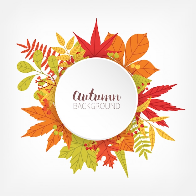 Vector white circle surrounded by various colorful autumn tree leaves and branches and place for text in center.