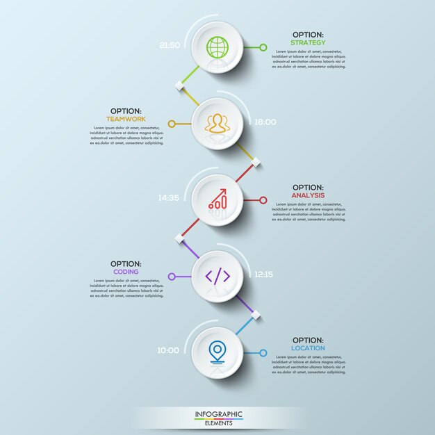 Gli elementi circolari bianchi si sono collegati con le caselle di testo e l'indicazione del tempo, disposizione infographic.