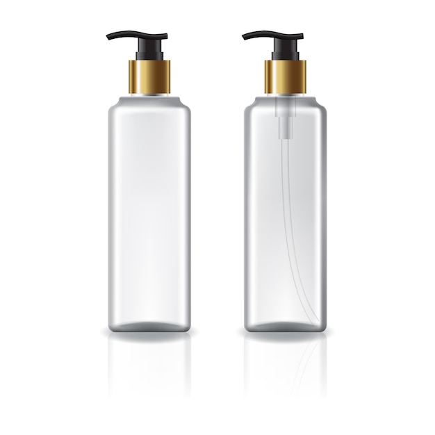 White and clear square cosmetic bottle with gold pump head.