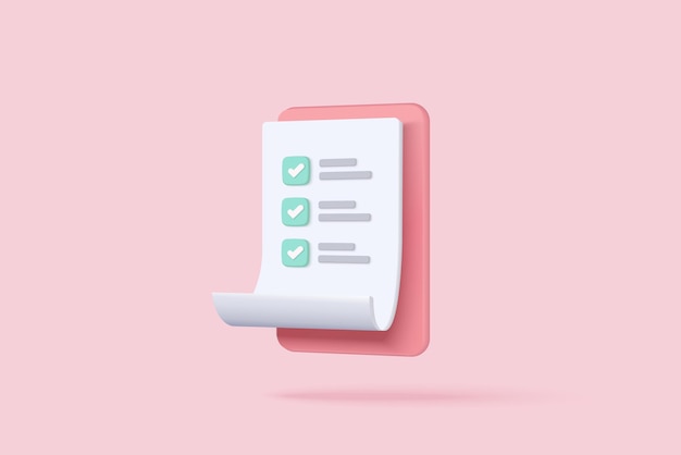 白いクリップボードタスク管理todoチェックリスト、プロジェクト計画の効率的な作業、迅速な進捗、レベルアップの概念、割り当てと試験、生産性ソリューションのアイコン。ピンクの背景に3dベクトルレンダリング。
