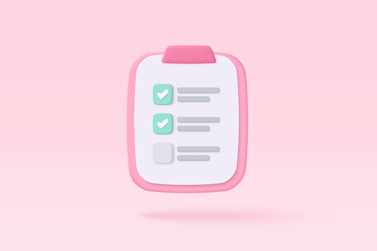 Vector white clipboard task management todo check list efficient work on project plan fast progress level up concept assignment and exam productivity solution icon 3d vector render on pink background