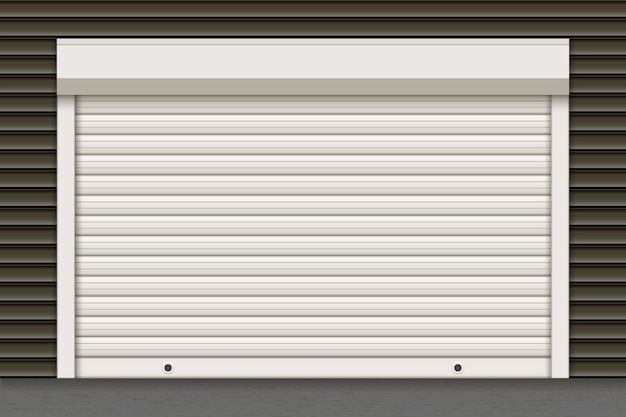 暗い壁にリアルなテクスチャーを持つ白い閉じたローラーガレージシャッタードア