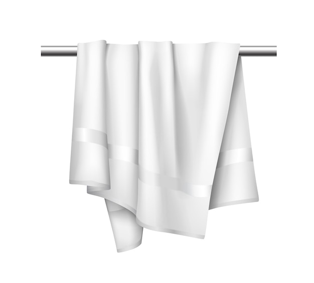 Vector white cloth towel on hanger, realistic mockup of fabric towel for bathroom