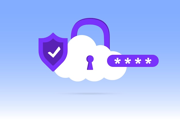 White cloud and locked padlock Concept of cloud data protection security and confidentiality Password protected icon for mobile applications and website concept Vector illustration