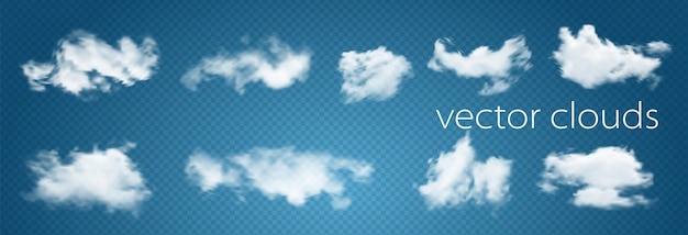 디자인에 대 한 투명 한 파란색 배경 벡터 일러스트 레이 션에 고립 된 흰 구름. 하늘이 밝고 클라우드 스케이프가 있는 날씨