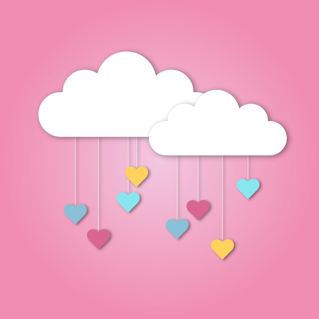 Vector white clouds with hanging hearts on a pink background