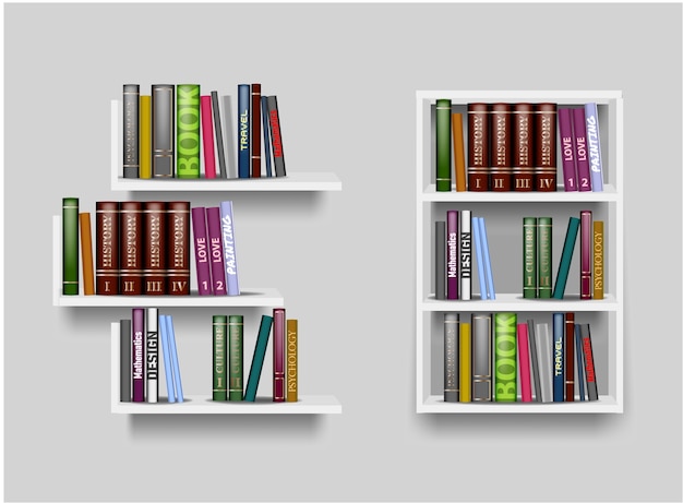 Vettore scaffali di colore bianco e illustrazione di libreria con libri diversi. mensola per uno sfondo bianco, espositore per accessori, espositore per negozi