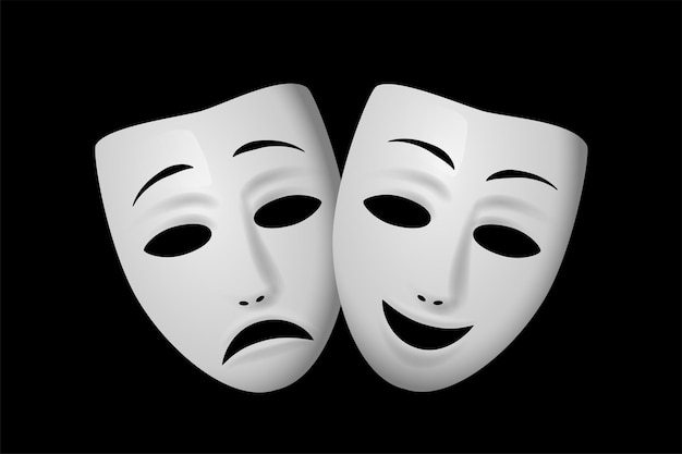 Maschera teatrale commedia bianca e tragedia isolata su sfondo nero