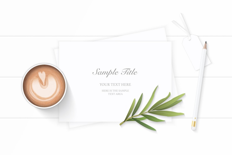Vector white composition paper with coffee and tarragon leaf on wooden background