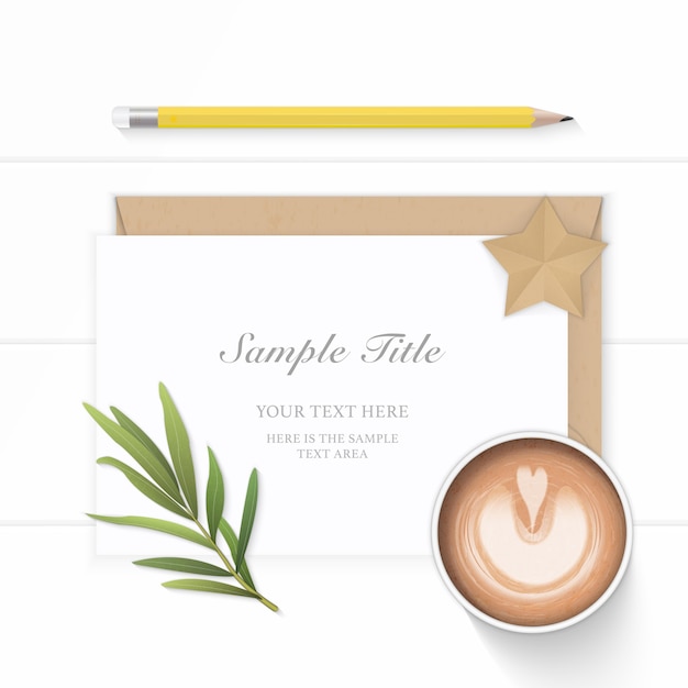 White composition paper with coffee and tarragon leaf on wooden background