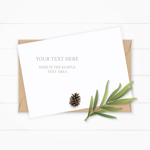 Vector white composition paper with tarragon leaf on wooden background
