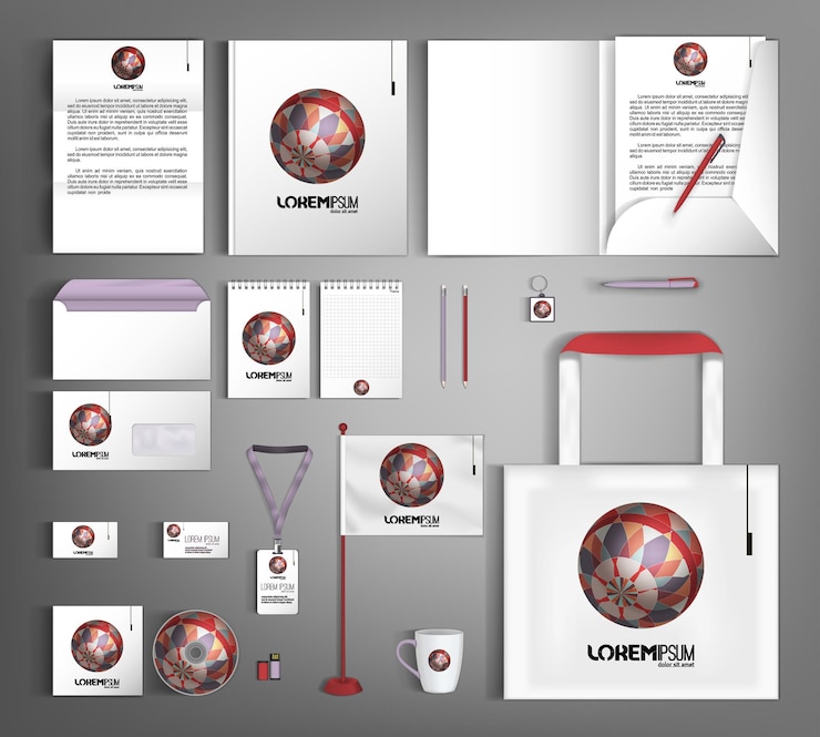Vector white corporate identity template with multicolored ball set of business office supplies with